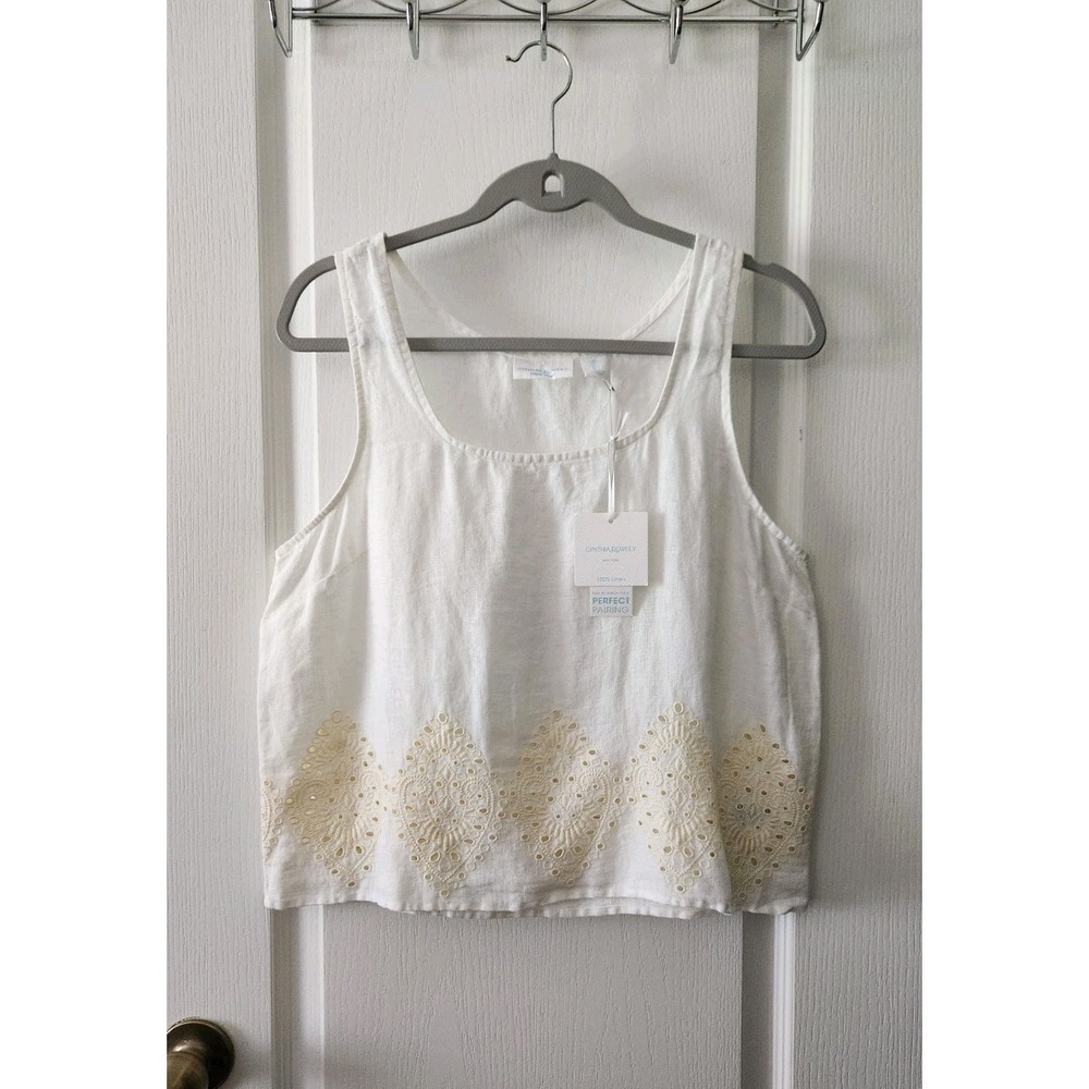 Cynthia Rowley 100% Linen White Top Sleeveless Boxy Eyelet Lace Boho‎ Beach Sz L